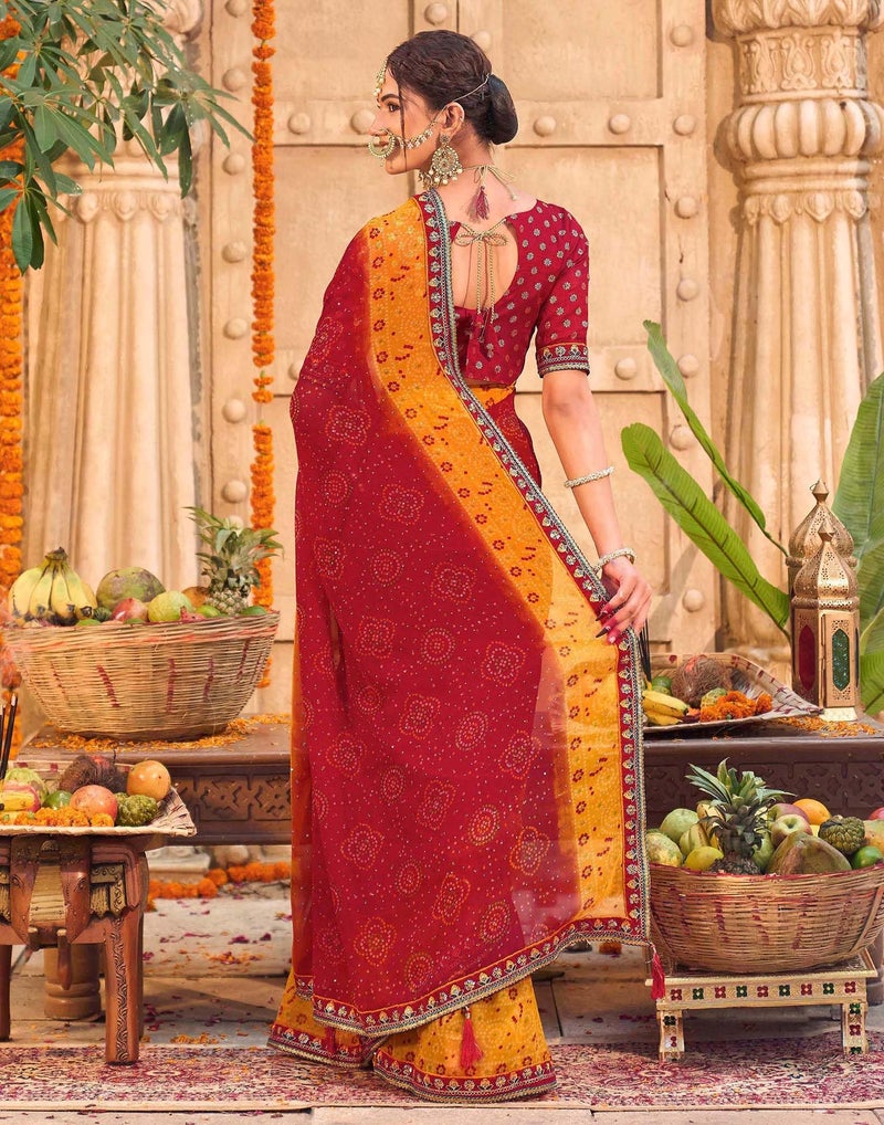 SIRIL Women's Georgette Embroidery & Bandhani Printed chhath puja Saree with Unstitched Blouse Piece (4850S3564_Red) - Image 5