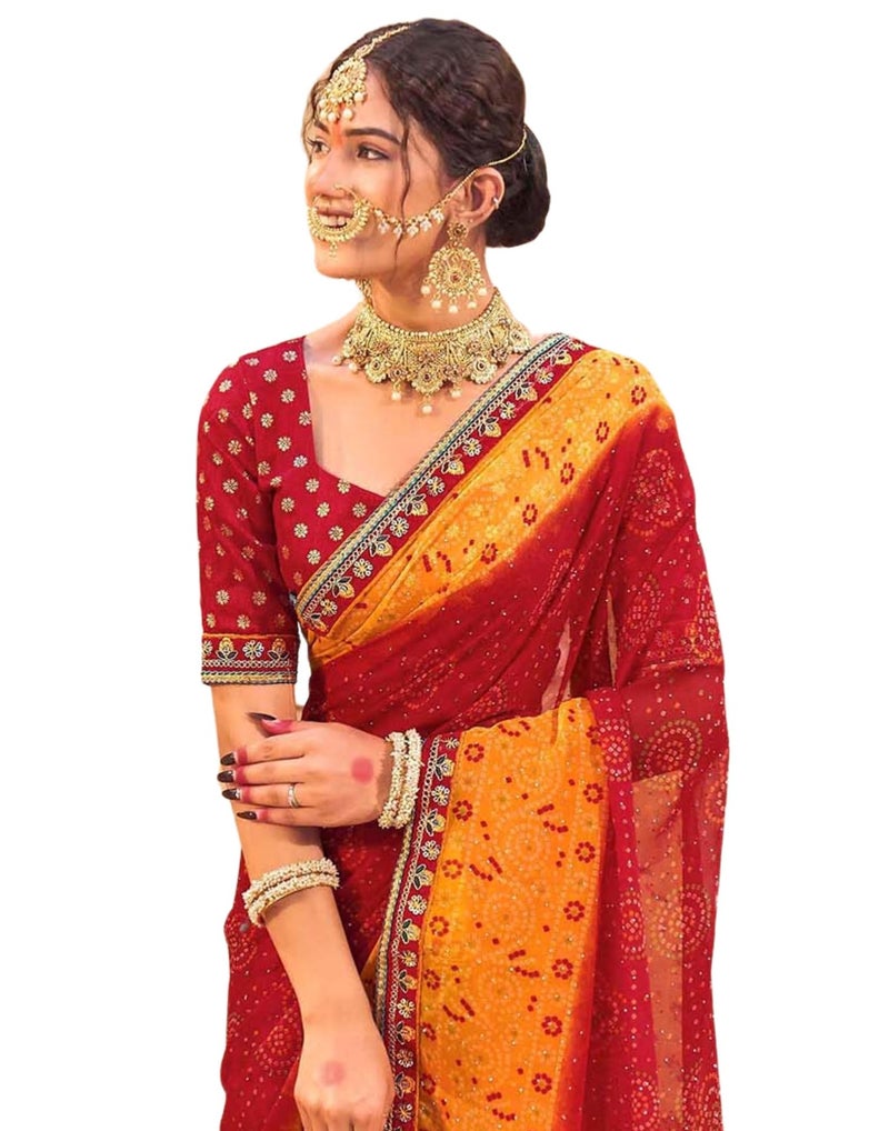 SIRIL Women's Georgette Embroidery & Bandhani Printed chhath puja Saree with Unstitched Blouse Piece (4850S3564_Red) - Image 1