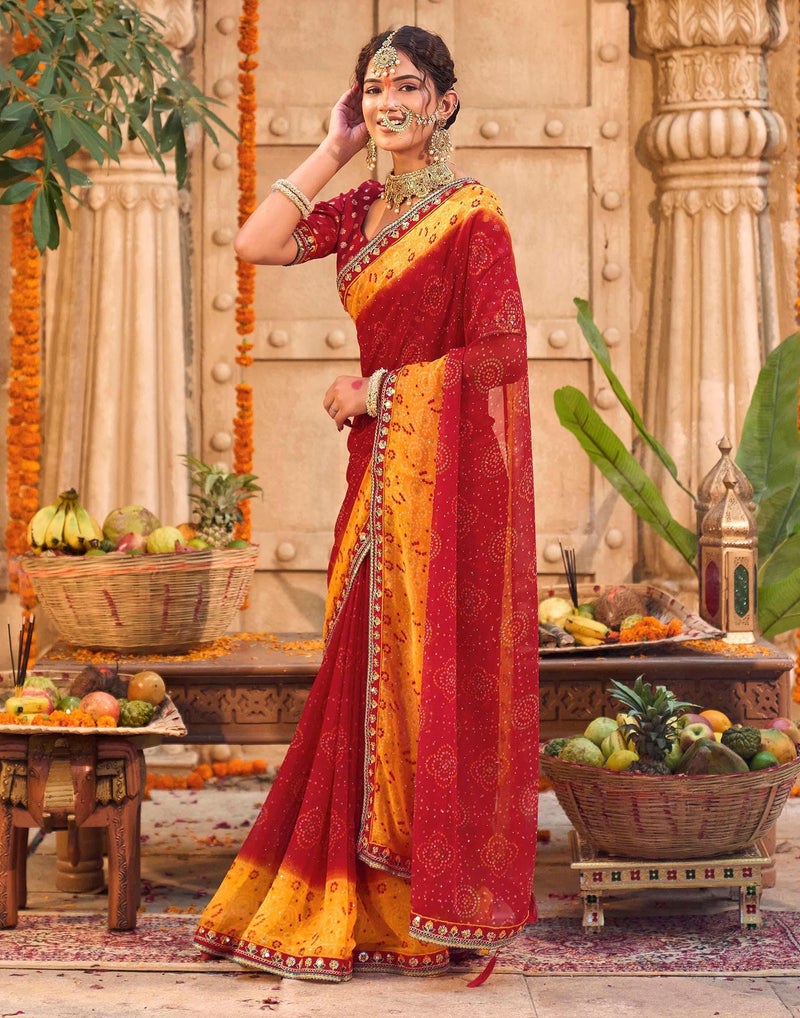 SIRIL Women's Georgette Embroidery & Bandhani Printed chhath puja Saree with Unstitched Blouse Piece (4850S3564_Red) - Image 3