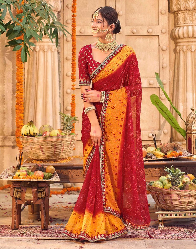 SIRIL Women's Georgette Embroidery & Bandhani Printed chhath puja Saree with Unstitched Blouse Piece (4850S3564_Red) - Image 2