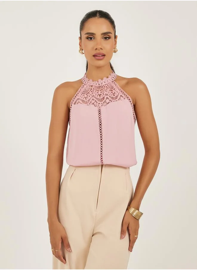 Styli Lace Detail High Neck Cami Top
