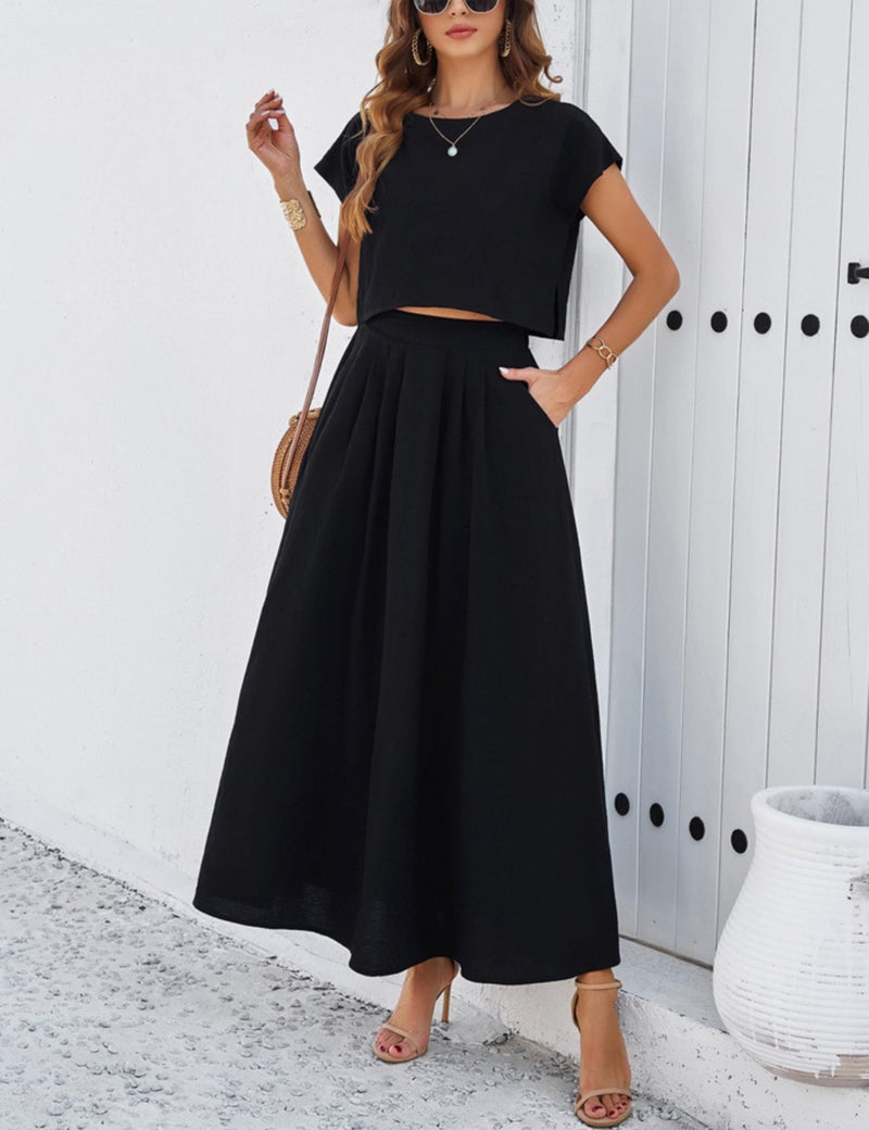 HangNiFang Summer Skirt Sets Women 2 Piece Outfits Cap Sleeve Top Elastic Waist Maxi Dress Sets with Pockets(1218-Black-S) - Image 4