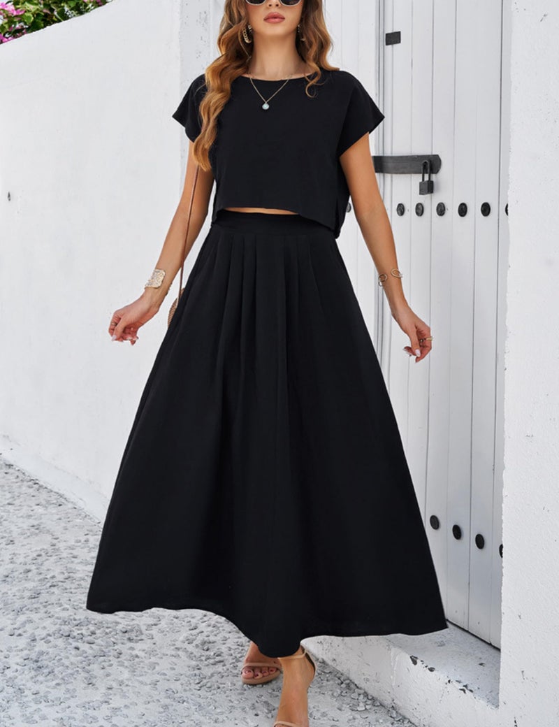 HangNiFang Summer Skirt Sets Women 2 Piece Outfits Cap Sleeve Top Elastic Waist Maxi Dress Sets with Pockets(1218-Black-S) - Image 3