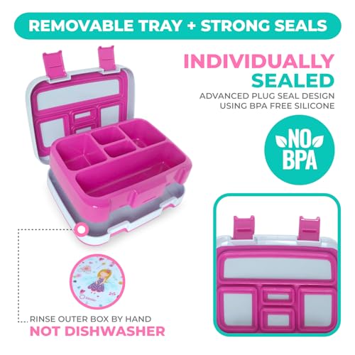kinsho Bento Lunch Box for Kids Toddlers Girls, 5 Portion Sections Secure Lid, Microwave Safe BPA Free Removable Tray, Pre-School Kid Daycare Lunches Snack Container Ages 3 to 5, Pink Fairy Princess - Image 4