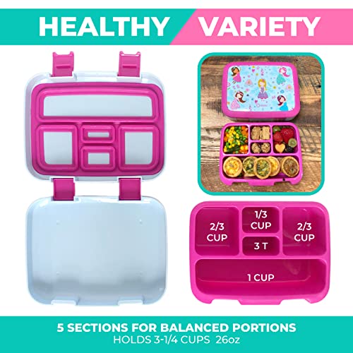 kinsho Bento Lunch Box for Kids Toddlers Girls, 5 Portion Sections Secure Lid, Microwave Safe BPA Free Removable Tray, Pre-School Kid Daycare Lunches Snack Container Ages 3 to 5, Pink Fairy Princess - Image 5