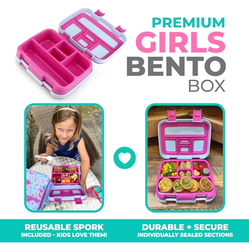 kinsho Bento Lunch Box for Kids Toddlers Girls, 5 Portion Sections Secure Lid, Microwave Safe BPA Free Removable Tray, Pre-School Kid Daycare Lunches Snack Container Ages 3 to 5, Pink Fairy Princess - Image 2