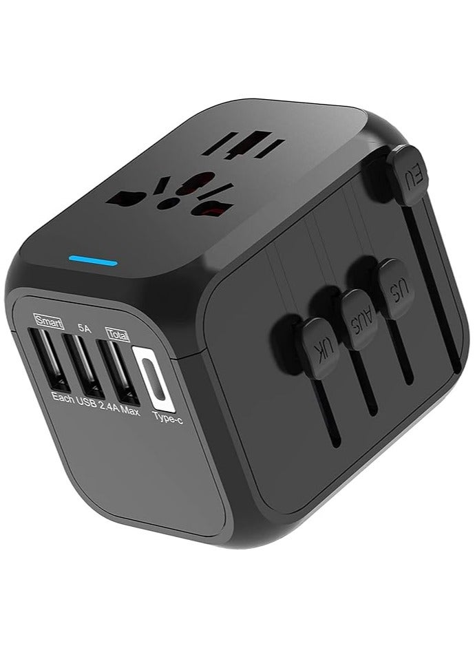 Universal Travel Adapter, International Charger Power Adapter, Wall Charger AC Plug Adaptor with 3 USB And 1 Type-C for USA EU UK AUS, Black
