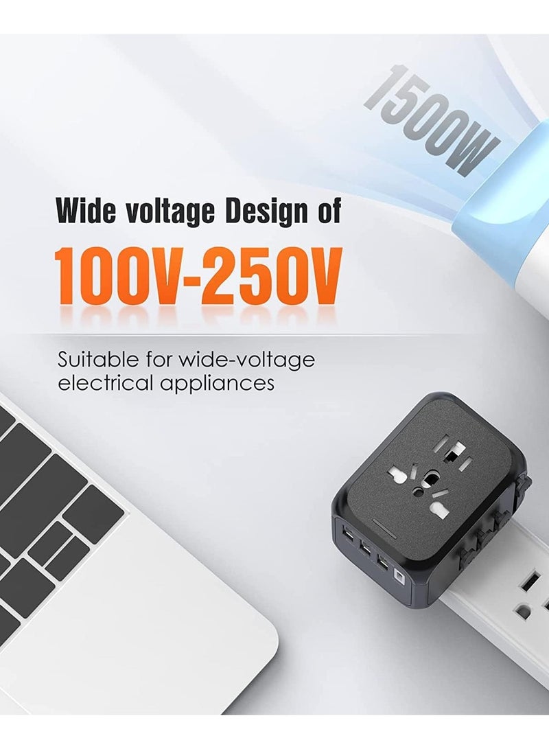 Universal Travel Adapter, International Charger Power Adapter, Wall Charger AC Plug Adaptor with 3 USB And 1 Type-C for USA EU UK AUS, Black