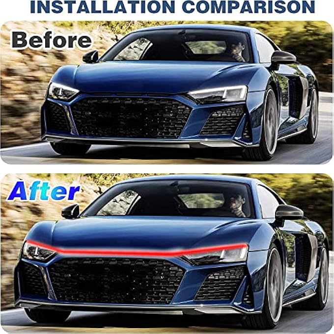 ريحني شريط إضاءة غطاء محرك السيارة، مصابيح LED نهارية أوتوماتيكية، 70 بوصة، مصباح أمامي مرن، 12 فولت، غطاء محرك عالمي، ديكور، ملحقات خارجية للسيارات والشاحنات والسيارات الرياضية متعددة الاستخدامات، مسح ديناميكي، تأثير بدء التشغيل، أحمر - Image 4