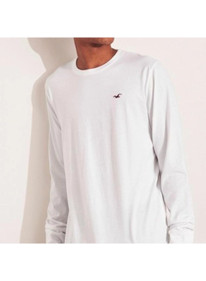 هوليستر تيشيرت هولستر للرجال بأكمام طويلة وياقة دائرية، سليم فيت، باللون الأبيض، مقاس XL، ملابس كاجوال مريحة