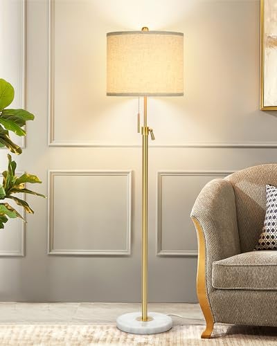 Qingmiao Modern Floor Lamp for Living Room, Adjustable Height Standing Lamp with Marble Base, Gold Tall Pole Light with Linen Shade for Reading Bedroom, Chain Switch, 8W 3-Way Dimmable Bulb Included - Image 1