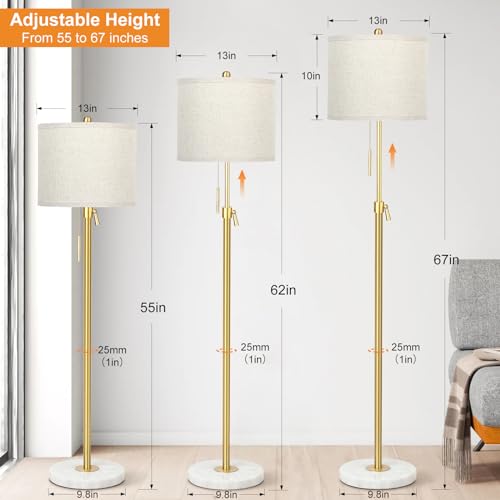 Qingmiao Modern Floor Lamp for Living Room, Adjustable Height Standing Lamp with Marble Base, Gold Tall Pole Light with Linen Shade for Reading Bedroom, Chain Switch, 8W 3-Way Dimmable Bulb Included - Image 2