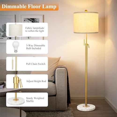 Qingmiao Modern Floor Lamp for Living Room, Adjustable Height Standing Lamp with Marble Base, Gold Tall Pole Light with Linen Shade for Reading Bedroom, Chain Switch, 8W 3-Way Dimmable Bulb Included - Image 4