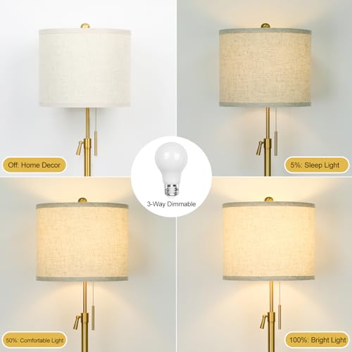 Qingmiao Modern Floor Lamp for Living Room, Adjustable Height Standing Lamp with Marble Base, Gold Tall Pole Light with Linen Shade for Reading Bedroom, Chain Switch, 8W 3-Way Dimmable Bulb Included - Image 3