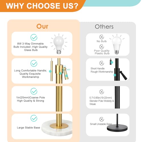 Qingmiao Modern Floor Lamp for Living Room, Adjustable Height Standing Lamp with Marble Base, Gold Tall Pole Light with Linen Shade for Reading Bedroom, Chain Switch, 8W 3-Way Dimmable Bulb Included - Image 5