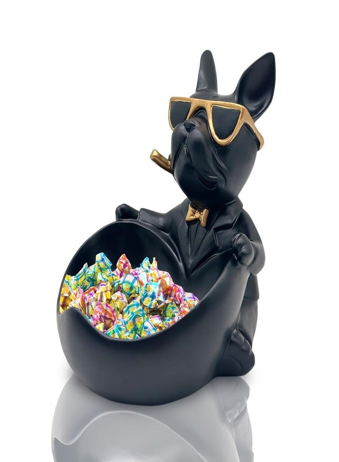 Huhote Candy Bowl Bulldog Decor, Heart-shaped Key Holder Bowl Candy Dish, Bulldog Accessories, Resin Bulldog Statue for Office Desk Home Decor Figurines Entryway Table Decor (Black) - Image 1