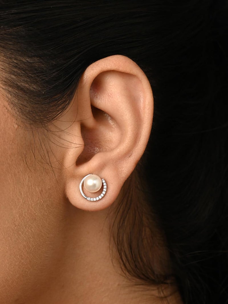 CLARA 925 Sterling Silver Zola Real Pearl Stud Earrings | Platinum Plated, Swiss Zirconia |Gift for Women and Girls - Image 4