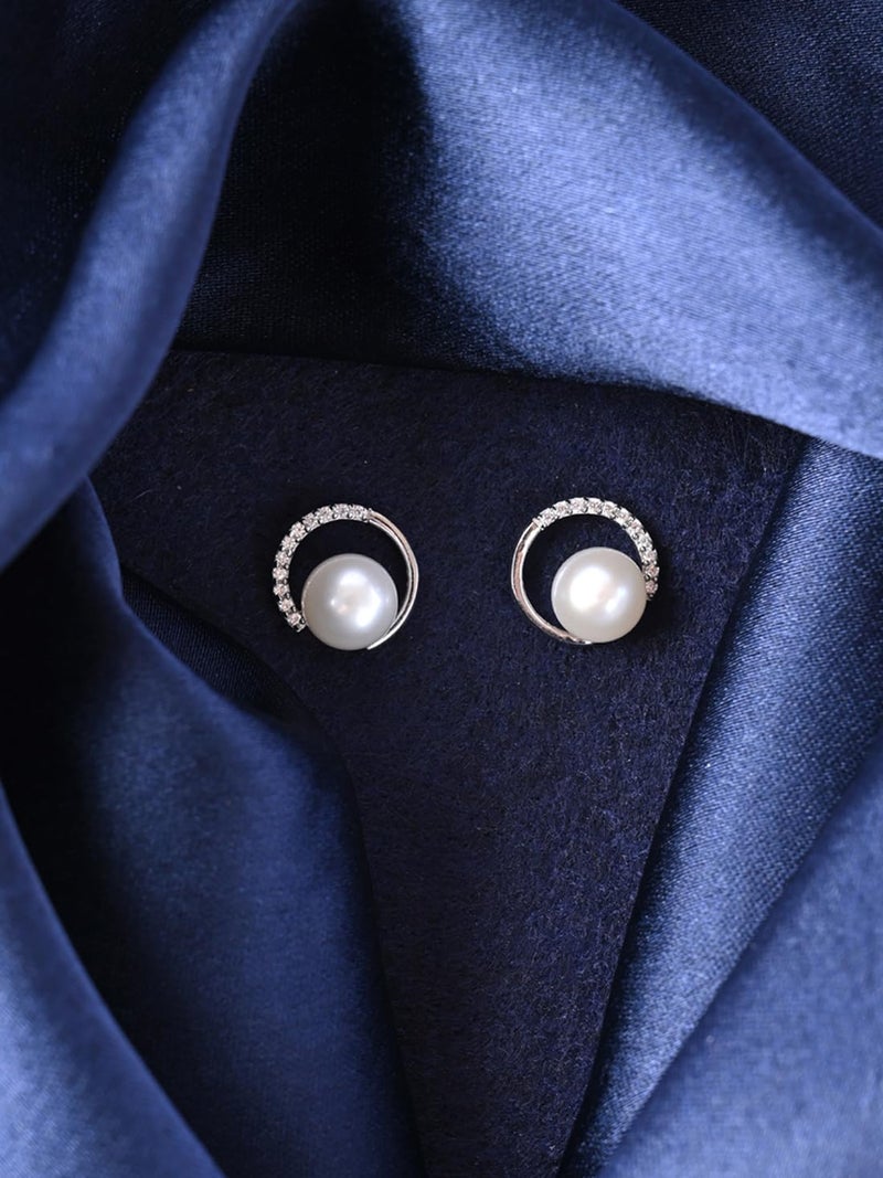 CLARA 925 Sterling Silver Zola Real Pearl Stud Earrings | Platinum Plated, Swiss Zirconia |Gift for Women and Girls - Image 2