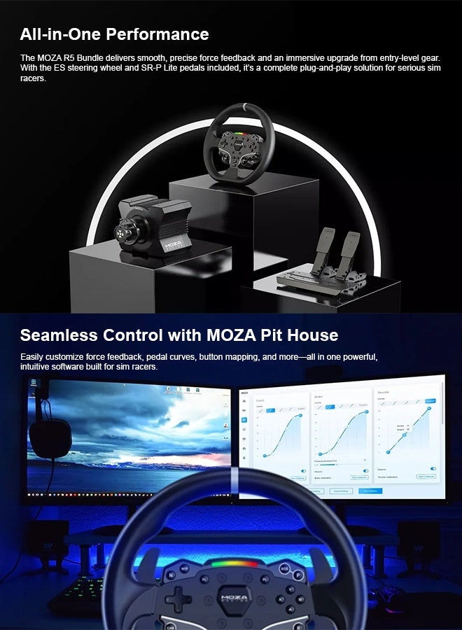Moza مجموعة عجلة القيادة والدواسات R5 - قاعدة عجلة قيادة مباشرة 5.5Nm، عجلة سباق ES مقاس 11 بوصة، دواسات مزدوجة SR-P Lite، مشبك مكتب - محاكي سباق شامل للكمبيوتر الشخصي و Xbox - Image 2