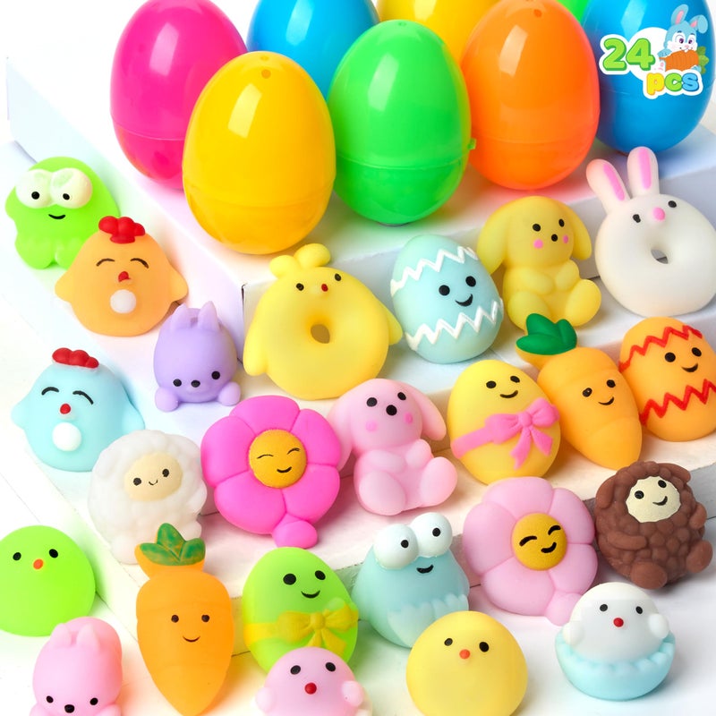 JOYIN 24 Pcs Easter Prefilled Eggs with Mochi Squishy Toys, Cute Stress Reliever Squishy Toy for Kids Party Favor, Basket Stuffers, Animal Easter Egg Filler, Classroom Prize Supplies - Image 1