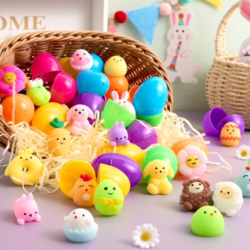 JOYIN 24 Pcs Easter Prefilled Eggs with Mochi Squishy Toys, Cute Stress Reliever Squishy Toy for Kids Party Favor, Basket Stuffers, Animal Easter Egg Filler, Classroom Prize Supplies - Image 2