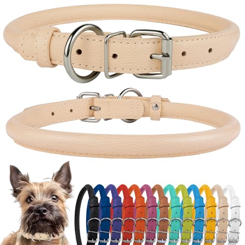 CollarDirect Rolled Leather Dog Collar, Soft Padded Round Puppy Collar, Handmade Genuine Leather Collar Dog Small Large Cat Collars 13 Colors (8-11 Inch, Beige Textured) - Image 1