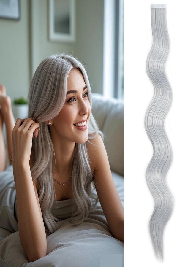Yongyi 10 Pcs Invisible Tape in Hair Extensions, 20Inch Blonde Tape in Hair Extensions Synthetic, Curly Wavy Hair for Party, Music Festival, Daily Use (Silver Gray) - Image 1