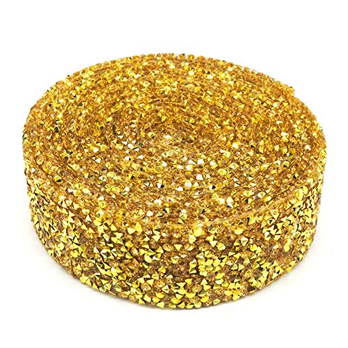 Dowarm 3 Yards Rhinestone Ribbon, Rhinestone Ribbon Roll, Bling Hotfix Rhinestones Mesh Wrap, Sewing Rhinestone Trim for Wedding Party Decoration (Gold, 3CM / 1.18inch Width) - Image 2