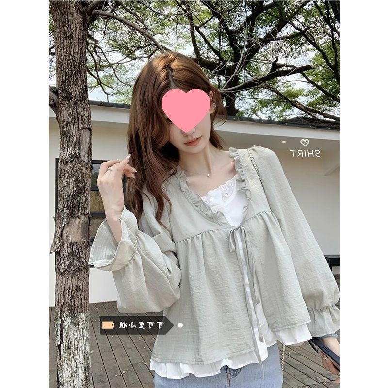 Fake Two-piece Contrast Color Lace-up Long-sleeved Shirt Womens Early Autumn New Loose Wood-ear Stitching Western-style Age-reducing Top Pink - Image 4