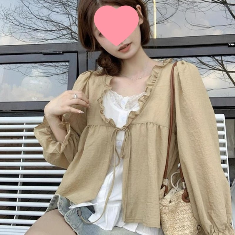 Fake Two-piece Contrast Color Lace-up Long-sleeved Shirt Womens Early Autumn New Loose Wood-ear Stitching Western-style Age-reducing Top Pink - Image 3