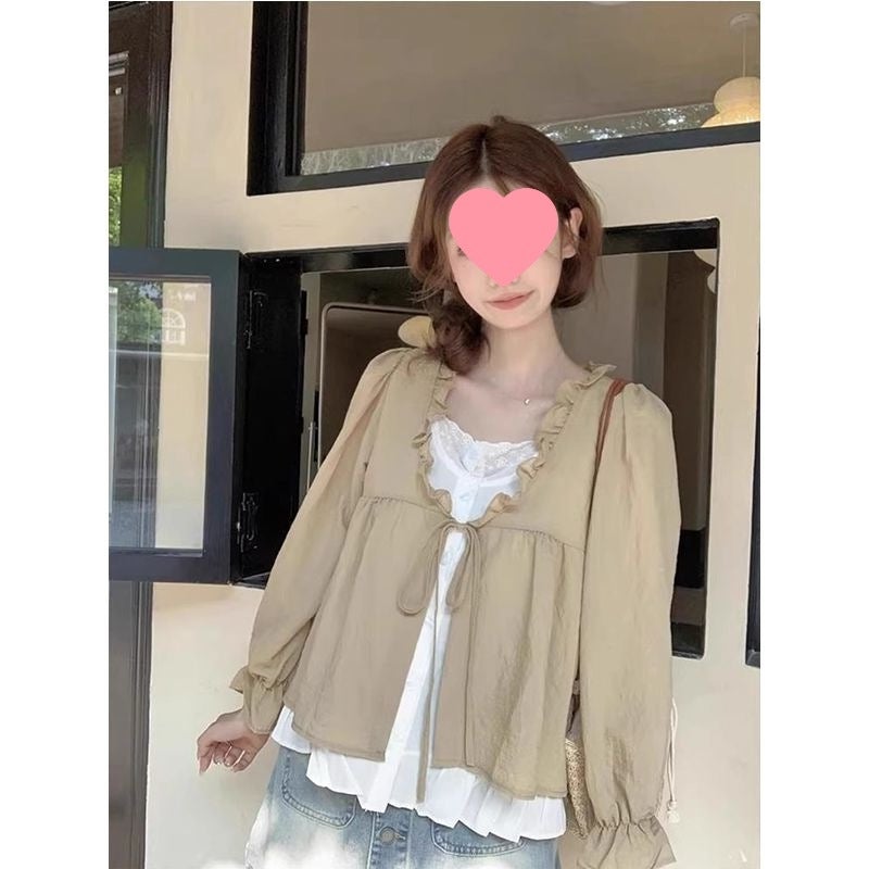 Fake Two-piece Contrast Color Lace-up Long-sleeved Shirt Womens Early Autumn New Loose Wood-ear Stitching Western-style Age-reducing Top Pink - Image 5