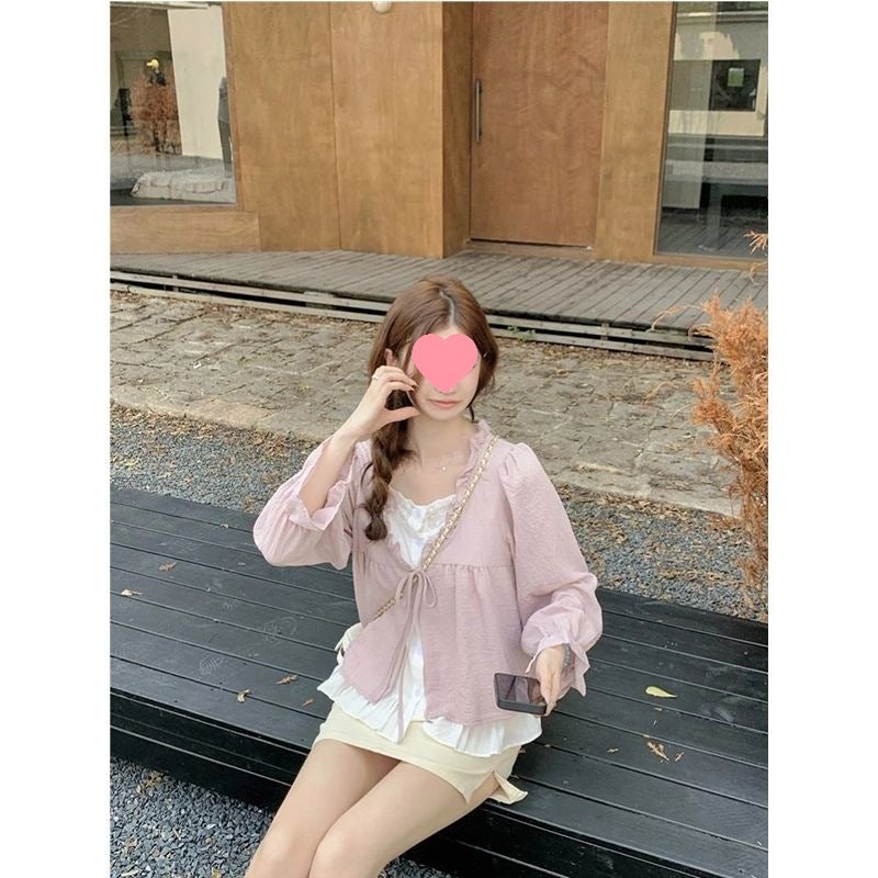 Fake Two-piece Contrast Color Lace-up Long-sleeved Shirt Womens Early Autumn New Loose Wood-ear Stitching Western-style Age-reducing Top Pink - Image 1