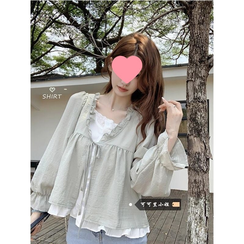 Fake Two-piece Contrast Color Lace-up Long-sleeved Shirt Womens Early Autumn New Loose Wood-ear Stitching Western-style Age-reducing Top Pink - Image 2