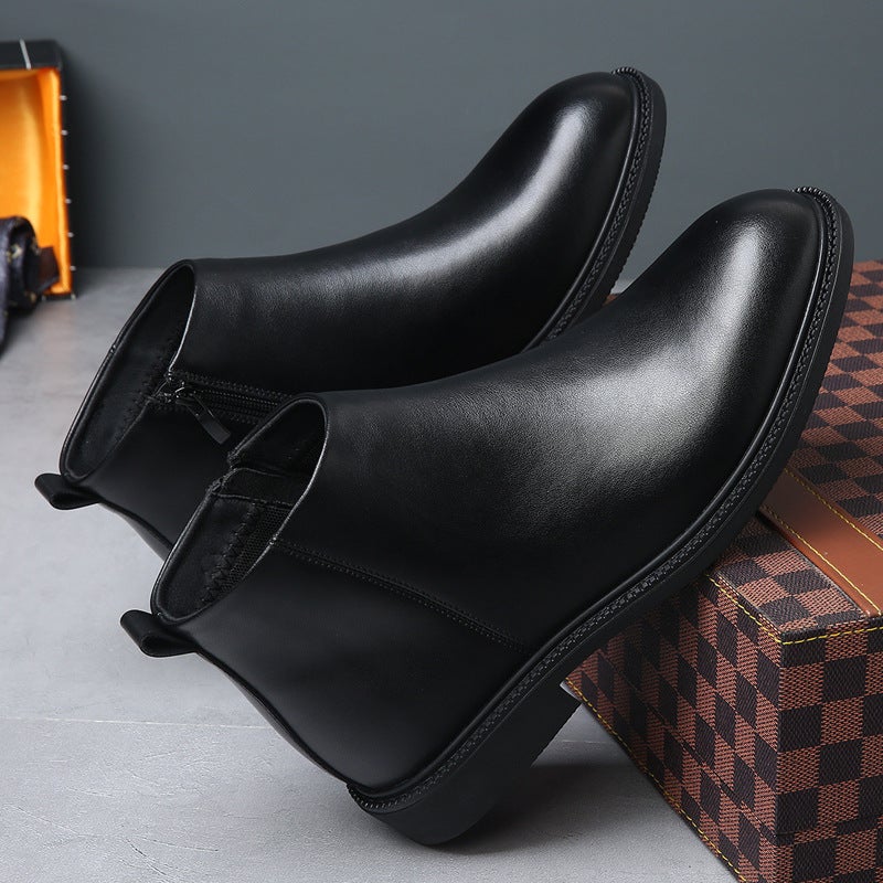 Chelsea Boots Men'S Mid-Top Genuine Leather Fleece-Lined Short Boots British Style High-Top Fashionable All-Match Warm Leather Boots - Image 5