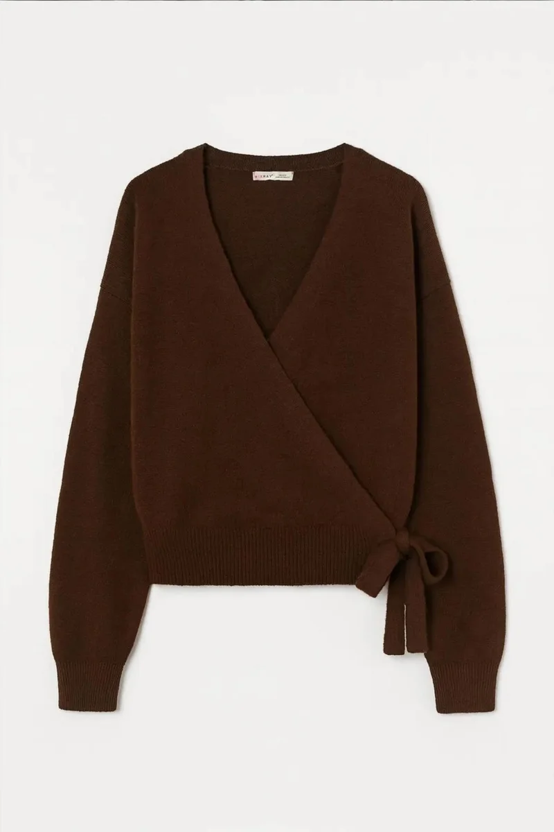 Mixray Mixray Ribbed V-Neck Tie-Front Cardigan