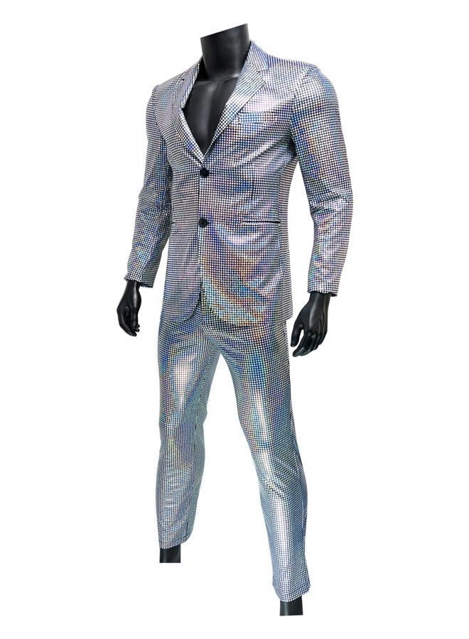 Nawgut Sequin Blazer Metallic Suit 2 Piece Set Disco Shiny Outfit Wedding Party Banquet Fashion Jacket Pant for Mens Adult, Sliver, Men-Medium - Image 2