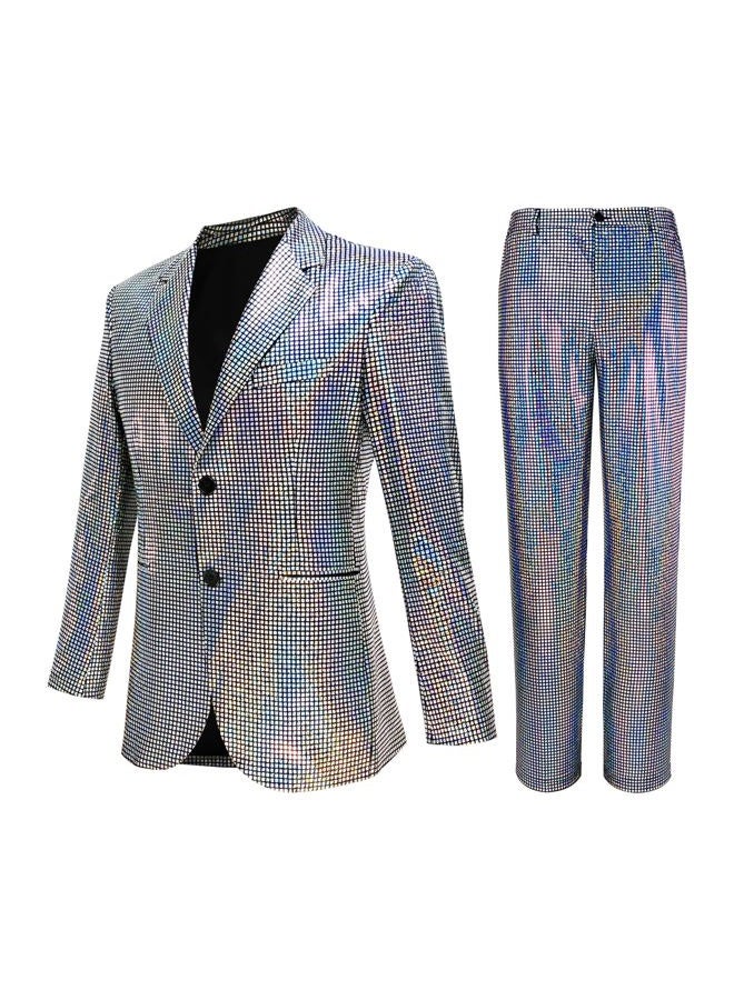 Nawgut Sequin Blazer Metallic Suit 2 Piece Set Disco Shiny Outfit Wedding Party Banquet Fashion Jacket Pant for Mens Adult, Sliver, Men-Medium - Image 1