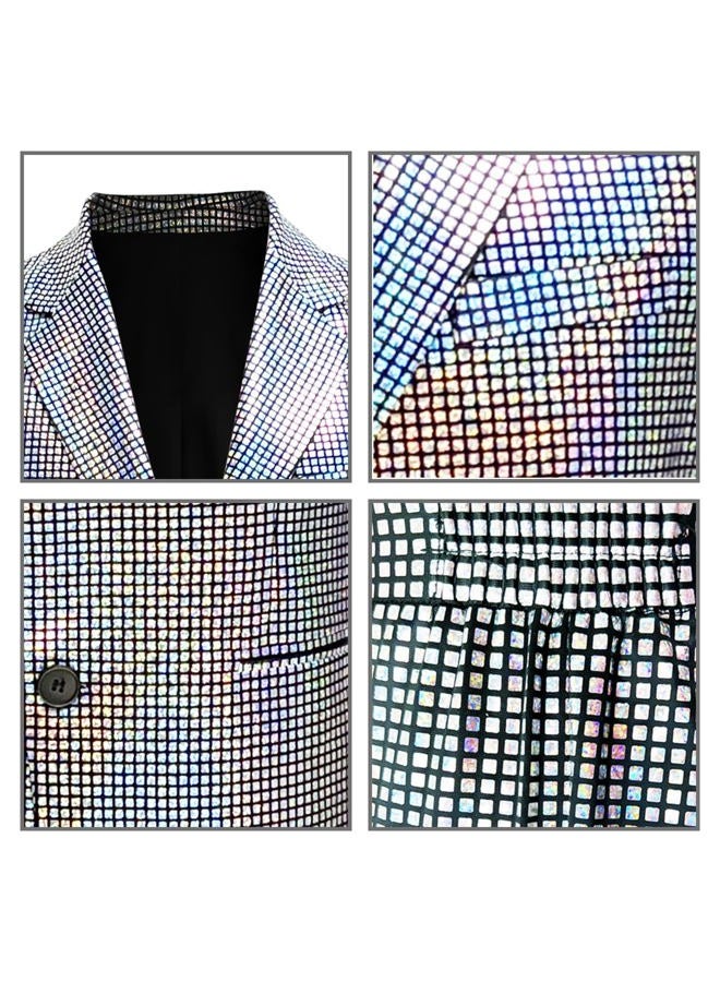Nawgut Sequin Blazer Metallic Suit 2 Piece Set Disco Shiny Outfit Wedding Party Banquet Fashion Jacket Pant for Mens Adult, Sliver, Men-Medium - Image 4