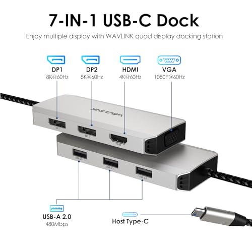 WAVLINK USB-C Docking Station: 7-in-1 Quad Monitor Support via 8K DP, 4K HDMI, VGA | 3X USB 2.0 | Universal Compatibility for Mac, Windows, Linux Laptops - Image 2