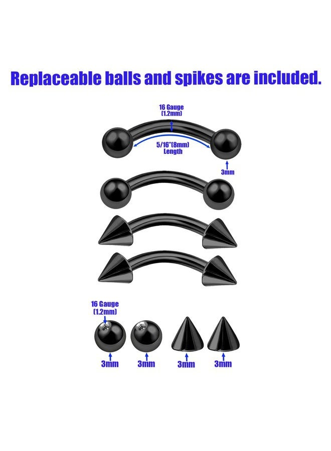 Generic 4Pcs Anodized Black 16g 5/16 8mm Curved Barbell Earrings Piercing Jewelry Cartilage Helix Eyebrow Rook 3mm Ball Cone M13678 - Image 2