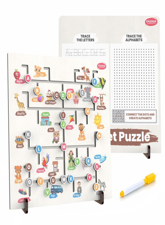 Chanak 3-in-1 Wooden Alphabet Learning Board for Kids, Includes Marker, Dot-to-Dot Tracing & Maze Puzzle, Educational Toy for Early Literacy Development in Preschoolers 3+ Years - Image 1