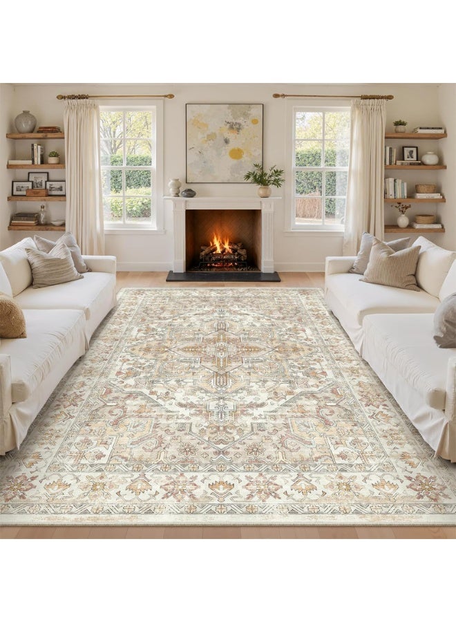GGEROU Vintage Carpet Living Room Rug,Stain Resistant Washable,160x230cm Anti Slip Rug,Distressed Lightweight Thin for Bedroom Dining Room Bathroom Kitchen Office Taupe - Image 1