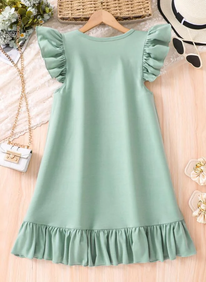 Take Two Girls Graphic Print Ruffled Sleeve Dress