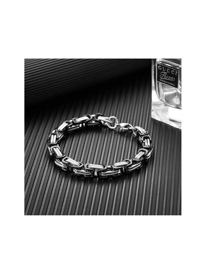 Fayrouz Jewellery - Fayruz Jewelry 8mm Wide Flat Byzantine Stainless Steel Bracelet, Stylish Thick and Heavy Cuban Chain Bracelet for Men Women Boys, Waterproof Fits All - Image 1