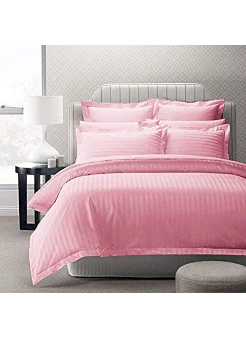 UNIQUE OWL UNIQUE OWL 300 TC Cotton Satin Striped Double Queen and King Size Plain Bedsheet with 2 Pillow Covers Premium Luxury Hotel Collection Solid Stripes 90 x 100 Pink 