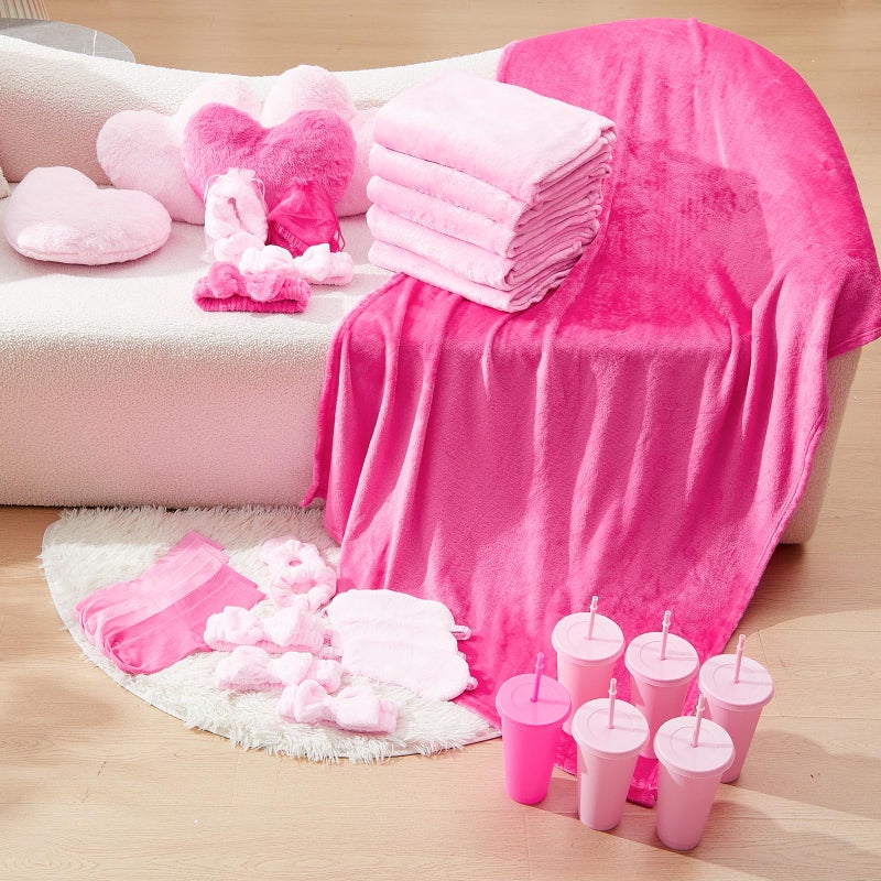 Fanfanwin 48 Pcs Sleepover Party Supplies Spa Birthday Slumber Pajamas Galentines Party Favors Coquette Throw Blanket Pillow Headband Scrunchies Eye Mask Cup Socks(40 Hot Pink, 8 Pink,Solid Color) - Image 5