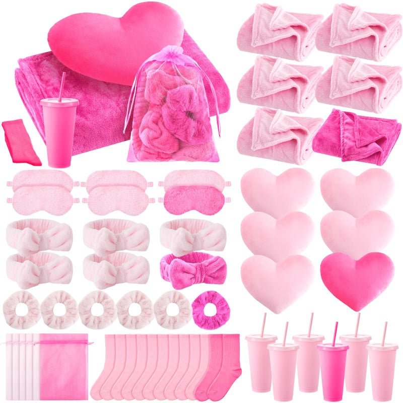 Fanfanwin 48 Pcs Sleepover Party Supplies Spa Birthday Slumber Pajamas Galentines Party Favors Coquette Throw Blanket Pillow Headband Scrunchies Eye Mask Cup Socks(40 Hot Pink, 8 Pink,Solid Color) - Image 1