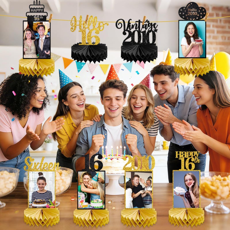Eucutur 8Pcs Sweet 16 Party Decorations Honeycomb Centerpieces for Boys Girls, Black Gold Vintage 2010 16th Bday Photo Table Centerpieces Party Supplies, Glitter Sweet Sixteen Bday Table Topper - Image 4