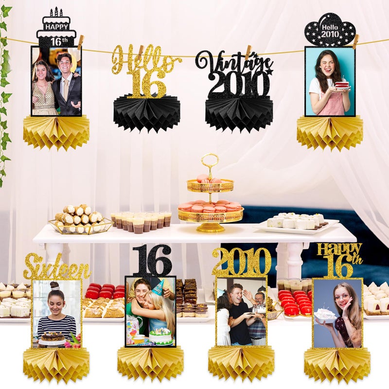 Eucutur 8Pcs Sweet 16 Party Decorations Honeycomb Centerpieces for Boys Girls, Black Gold Vintage 2010 16th Bday Photo Table Centerpieces Party Supplies, Glitter Sweet Sixteen Bday Table Topper - Image 3