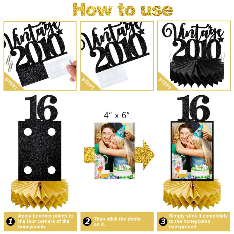 Eucutur 8Pcs Sweet 16 Party Decorations Honeycomb Centerpieces for Boys Girls, Black Gold Vintage 2010 16th Bday Photo Table Centerpieces Party Supplies, Glitter Sweet Sixteen Bday Table Topper - Image 5